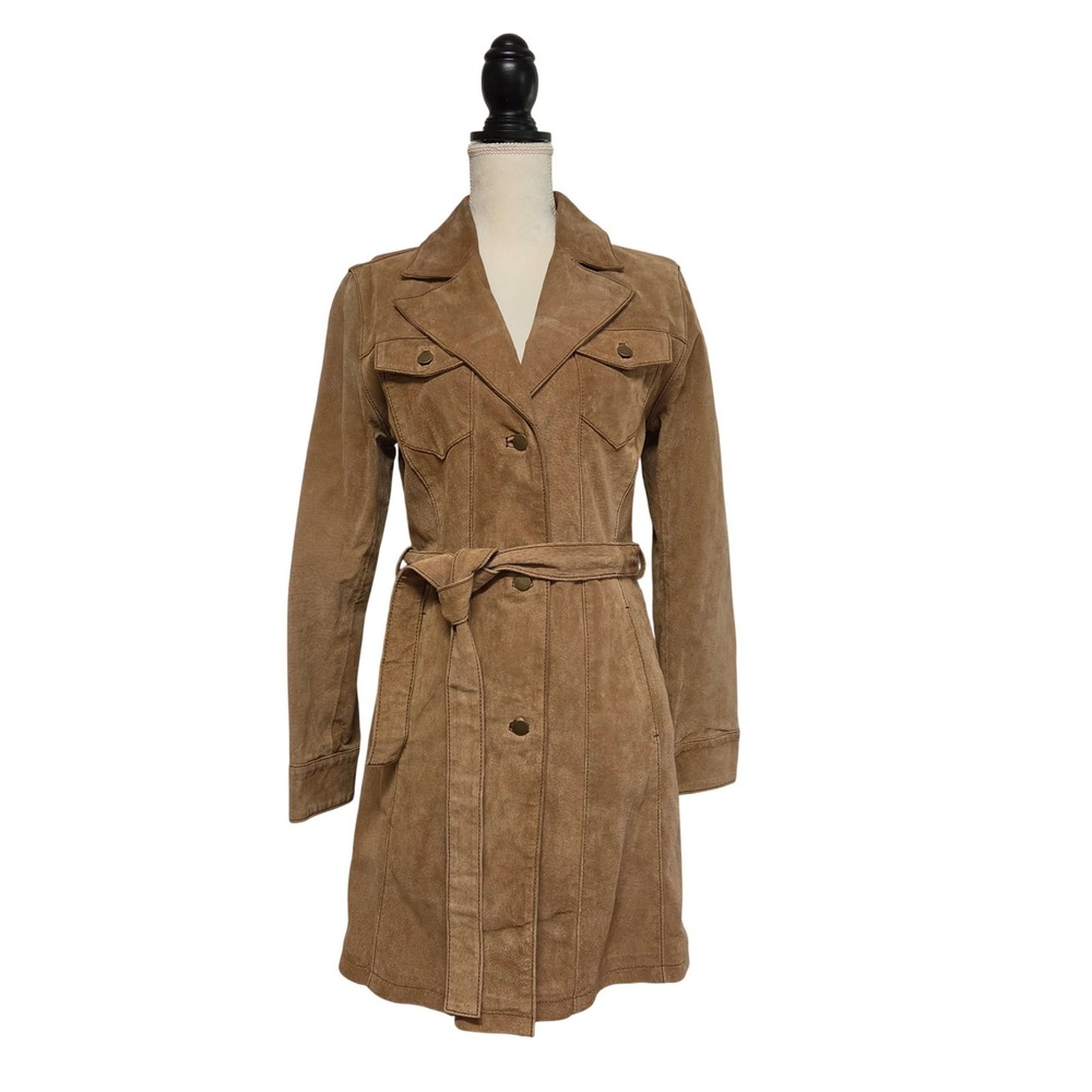 Y2K Wilsons Leather Suede Trench Coat Tan Brown Belted Jacket Size S Boho 70s